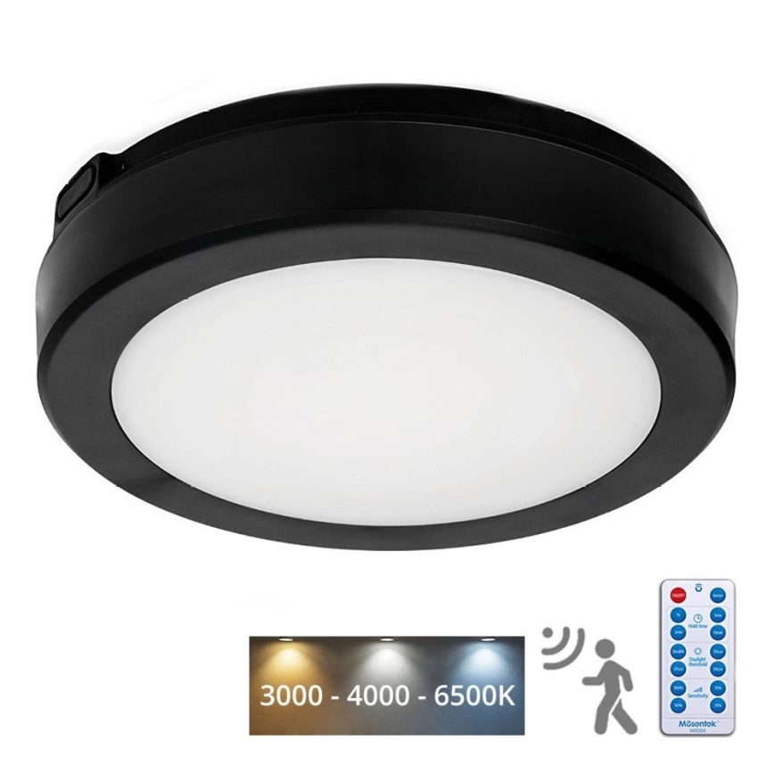 LED Badkamer plafondlamp met sensor NAIROS LED/12W/230V IP65 3000/4000/6500K diameter 20 cm zwart + afstandsbediening