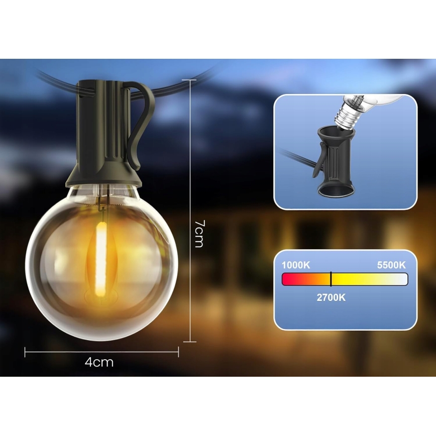 LED buiten-lichtsnoer, decoratief, 20x E12/1W, 230V, 20 m, IP65, zwart