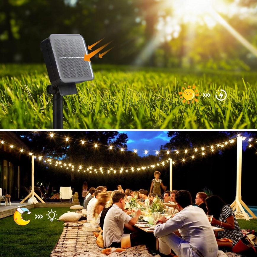 LED decoratiesnoer op zonne-energie, 30×LED, 8 functies, 500 mAh, 6,5 m, IP67, warm wit