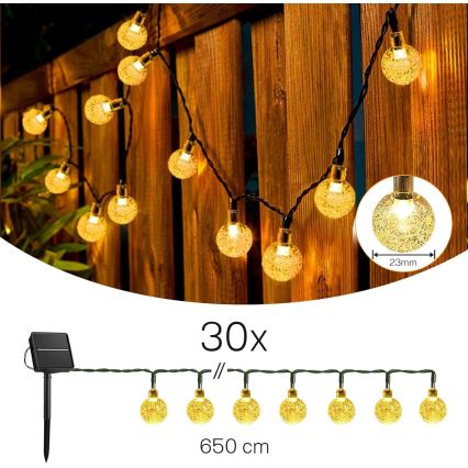LED decoratiesnoer op zonne-energie, 30×LED, 8 functies, 500 mAh, 6,5 m, IP67, warm wit