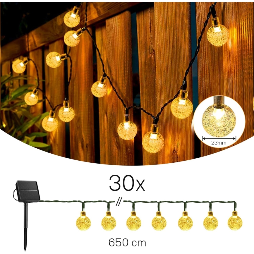 LED decoratiesnoer op zonne-energie, 30×LED, 8 functies, 500 mAh, 6,5 m, IP67, warm wit