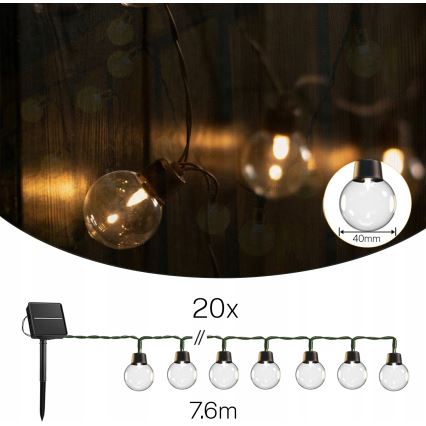 LED decoratieve lichtsnoer op zonne-energie 20xLED/8 functies 500 mAh 7,6 m IP67 warm wit