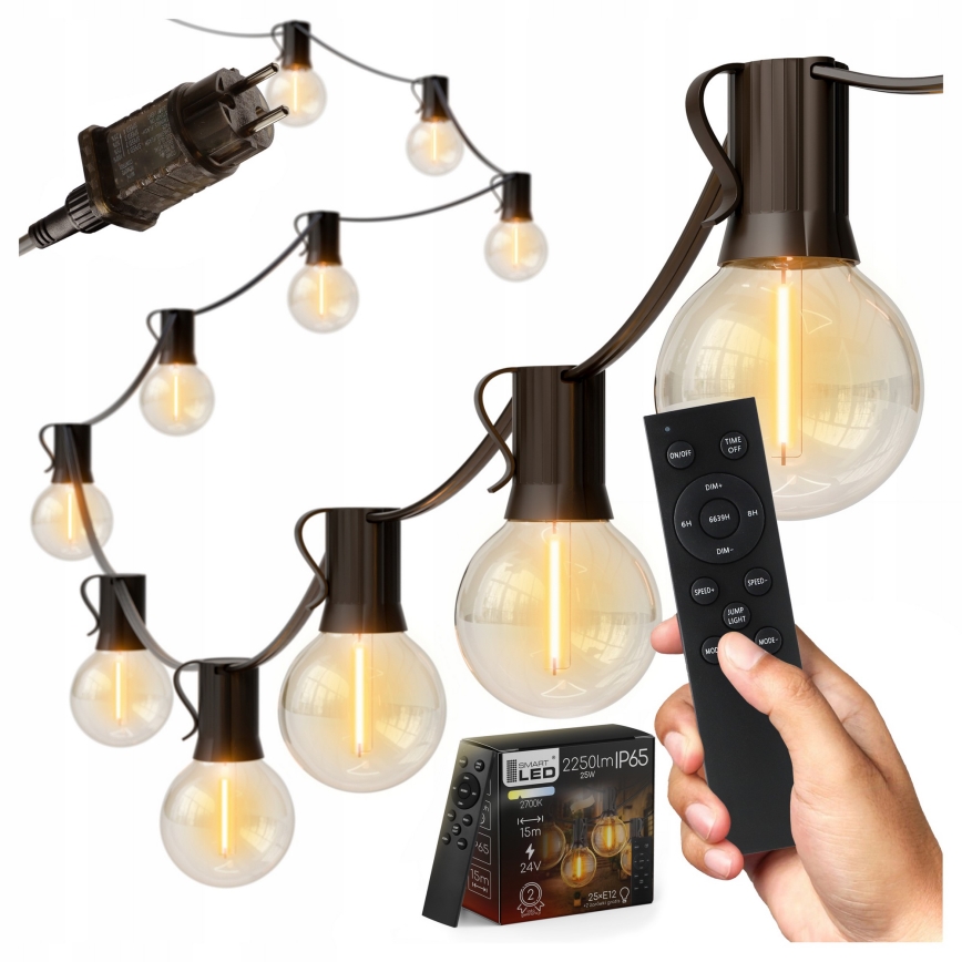 LED dimbare decoratieve lichtslinger voor buiten 25xE12/1W/24/230V 17,5 m IP65 zwart + afstandsbediening