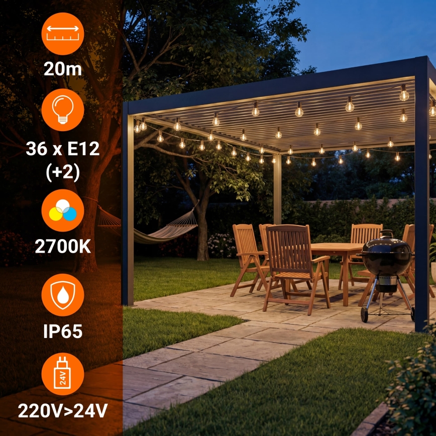 Dimbaar LED buiten decoratief lichtsnoer 36xE12/1W/24/230V 22,35 m IP65 zwart + afstandsbediening