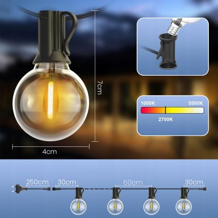 LED-dimbare buiten decoratieve lichtsnoer 25xE12/1W/24/230V 17,5 m IP65 zwart + afstandsbediening
