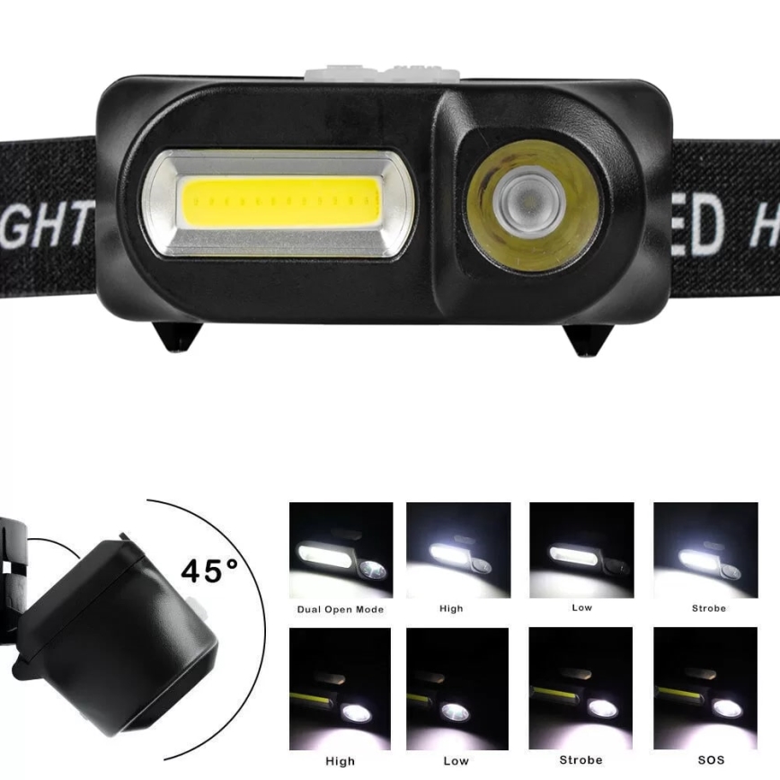 LED Dimbaar oplaadbaar hoofdlamp 2xLED/5V IP44 210 glanzend 2000 mAh