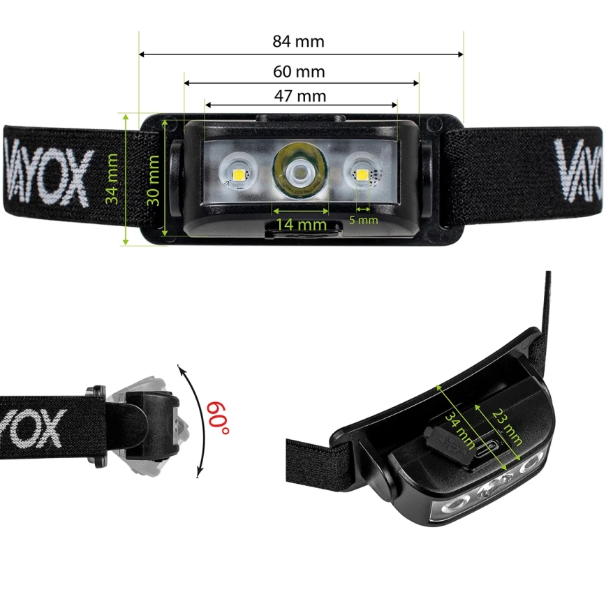 LED Dimbaar oplaadbaar hoofdlamp 3xLED/5V IPX4 100 glanzend 1200 mAh