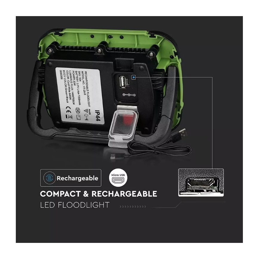 LED Dimbaar oplaadbaar Schijnwerper SAMSUNG CHIP + Functie SOS LED/10W/3,7V/USB IP44 4000K 3600 mAh groen