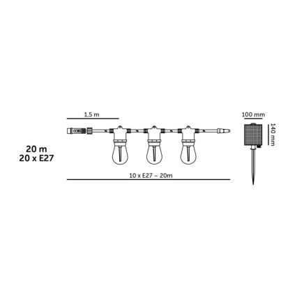 LED-dimbare zonnegevoede decoratieve lichtsnoer STARLIGHT NEO 20xE27/3,7V 2700K IP54 2400 mAh 21,5m + afstandsbediening