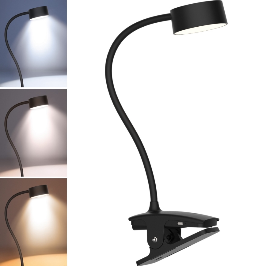 LED Dimbare Flexibele Oplaadbare Bureaulamp met Clip LED/2W/1800 mAh 3000/4000/6500K Zwart