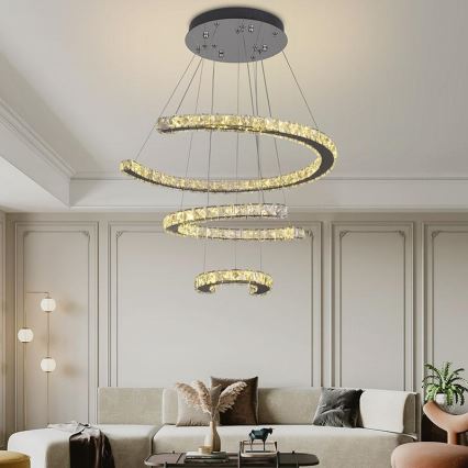 LED dimbare kristallen hanglamp aan kabel LED/100W/230V 3000-6500K zilver + afstandsbediening