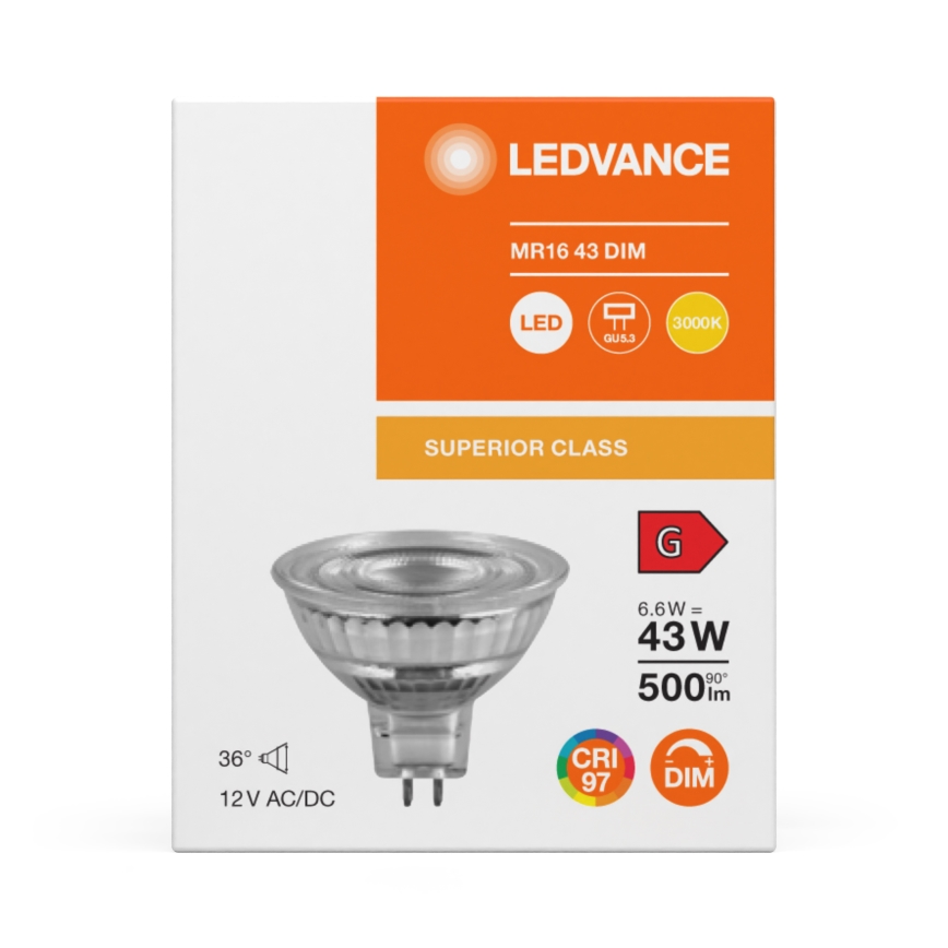 Dimbare LED-reflectorlamp MR16 GU5,3/6,6W/12V 3000K 36° CRI 97 - Ledvance