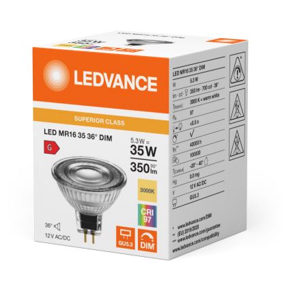 LED dimbare MR16-reflectorlamp GU5,3/5,3W/12V 3000K 36° CRI 97 - Ledvance