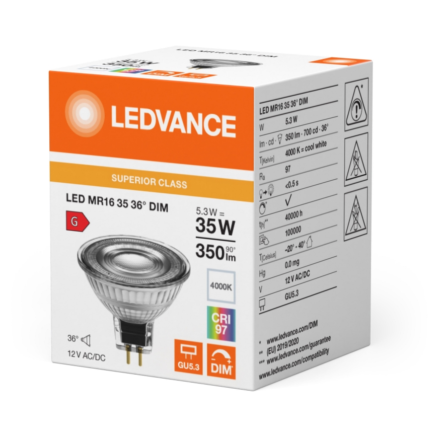 LED dimbare MR16 reflectorlamp GU5,3/5,3W/12V 4000K 36° CRI 97 - Ledvance