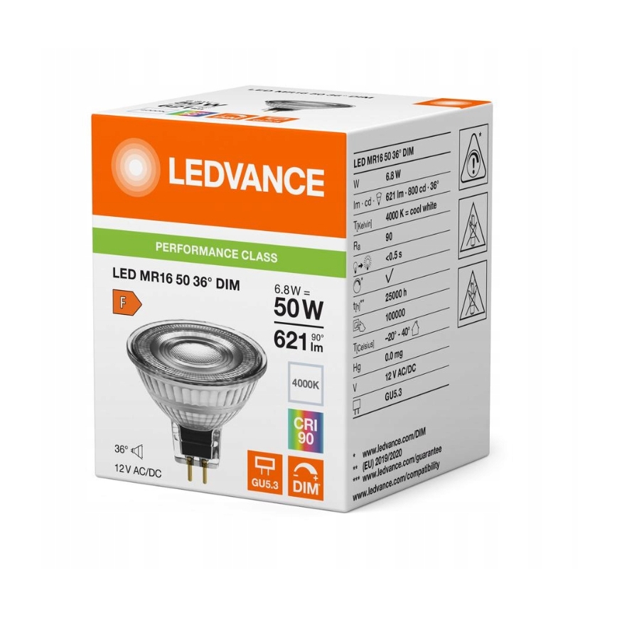 LED dimbare reflectorlamp MR16 GU5,3/6,8W/12V 4000K 36° CRI 90 - Ledvance