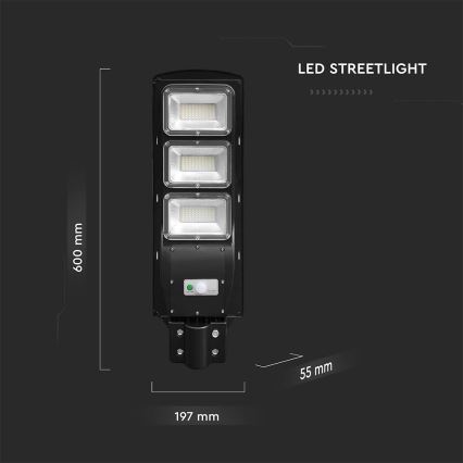 LED dimbare solar straatlamp met bewegings- en schemersensor LED/12W/3,2V 6000K IP65 10000 mAh zwart + afstandsbediening