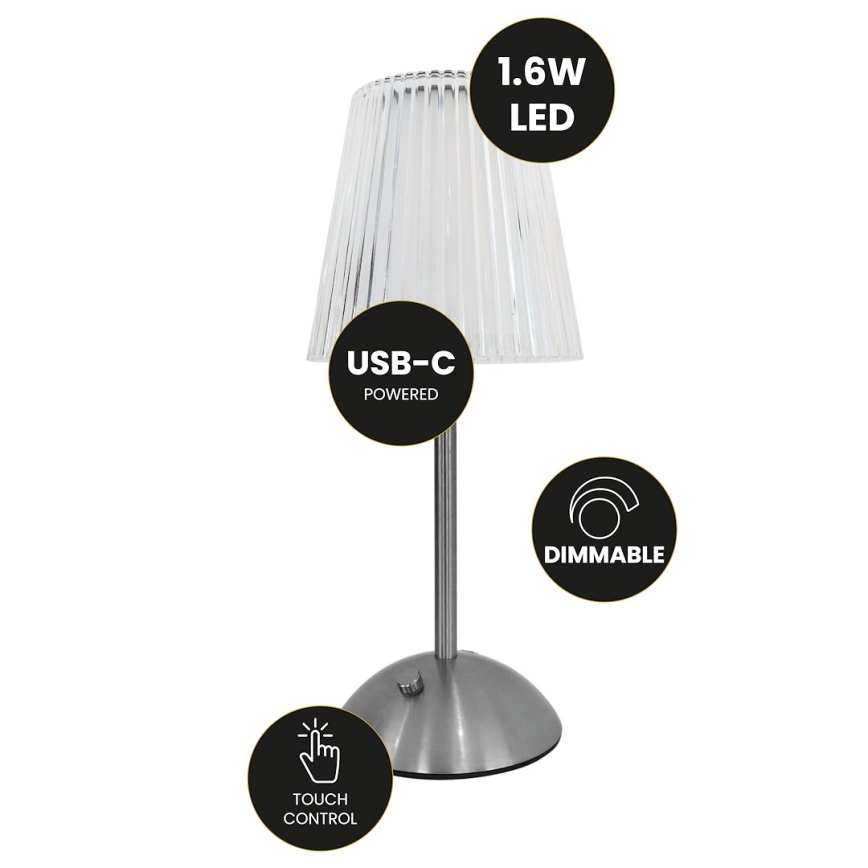 LED Dimbare touch oplaadbare tafellamp ELBA LED/1,6W/800 mAh mat chroom/doorzichtig