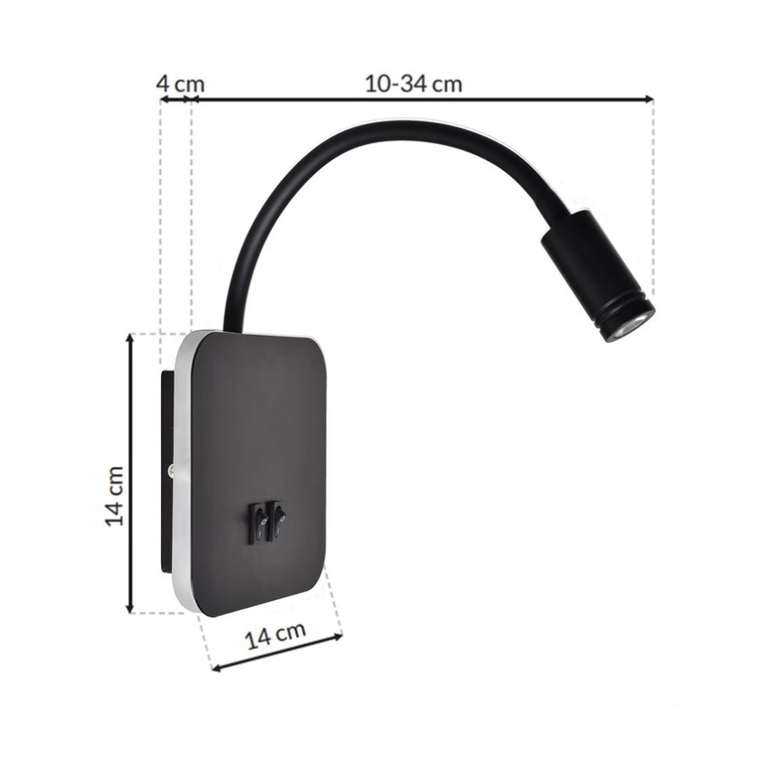 LED Flexibel wall klein lamp BASE 1xLED/8W+1xLED/2W/230V zwart/zilver