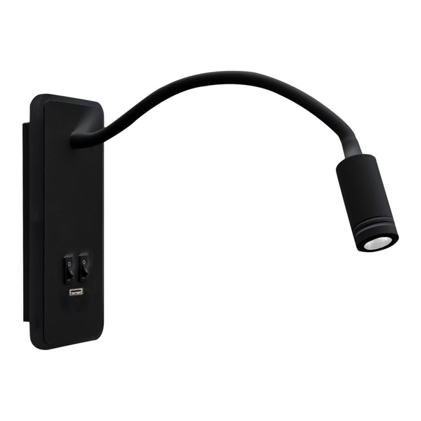 LED Flexibele wandlamp met USB BASE 1xLED/8W+1xLED/2W/230V zwart