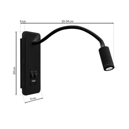 LED Flexibele wandlamp met USB BASE 1xLED/8W+1xLED/2W/230V zwart