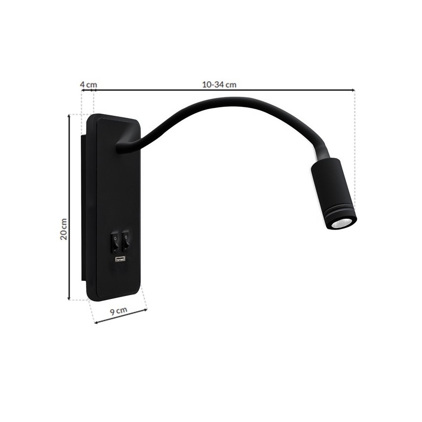 LED Flexibele wandlamp met USB BASE 1xLED/8W+1xLED/2W/230V zwart