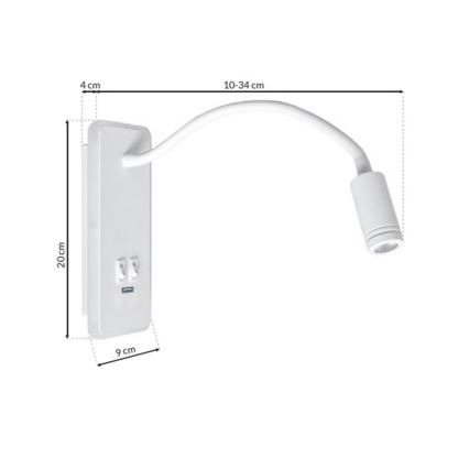 LED flexibele wandlamp met USB BASE LED/8W+LED/2W/230V wit