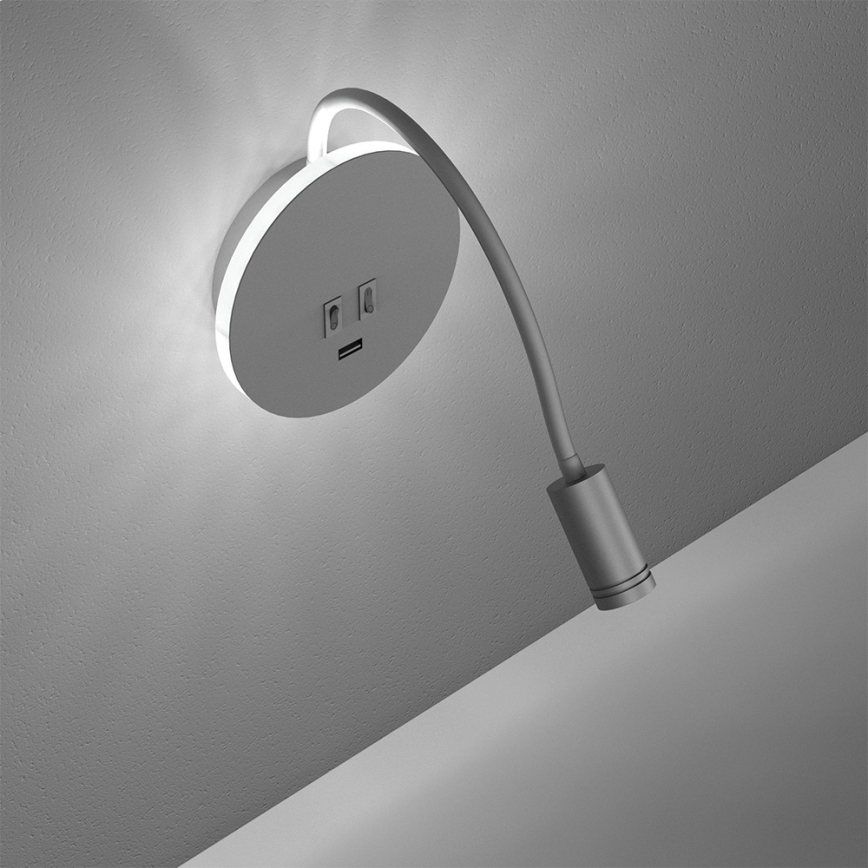 LED flexibele wandlamp met USB BASE LED/8W+LED/2W/230V wit/zilver