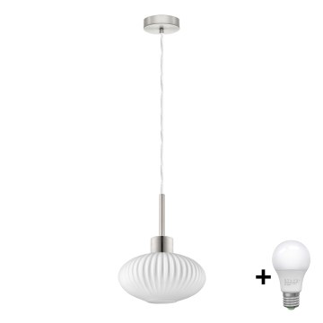 LED Hanglamp HARMA 1xE27/60W/230V ø 25 cm mat nikkel/wit