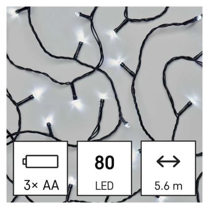 LED Kerst lichtsnoer voor buiten 80xLED/3xAA 6,1m IP44 koud wit