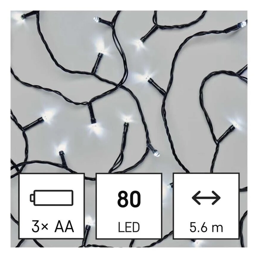 LED Kerst lichtsnoer voor buiten 80xLED/3xAA 6,1m IP44 koud wit