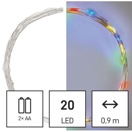 LED kerstlichtsnoer 20xLED/2xAA 2,4m meerkleurig