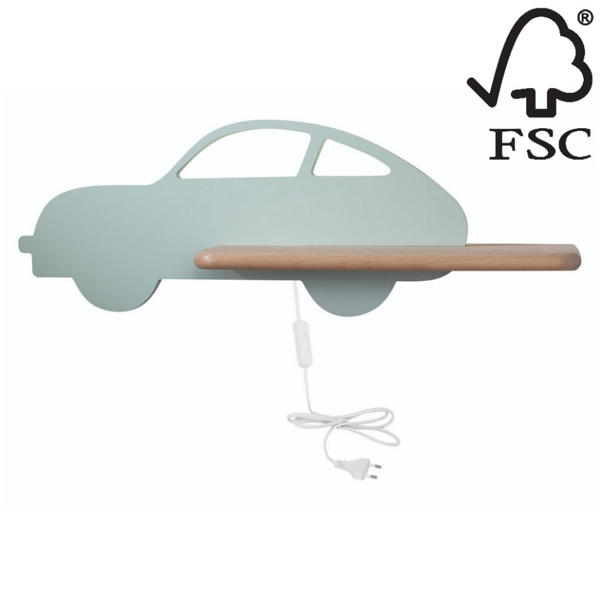 LED kinderwandlamp met plank CAR LED/5W/230V groen/hout