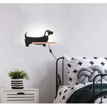 LED Kinderwandlamp met plank DOG LED/5W/230V zwart/hout,