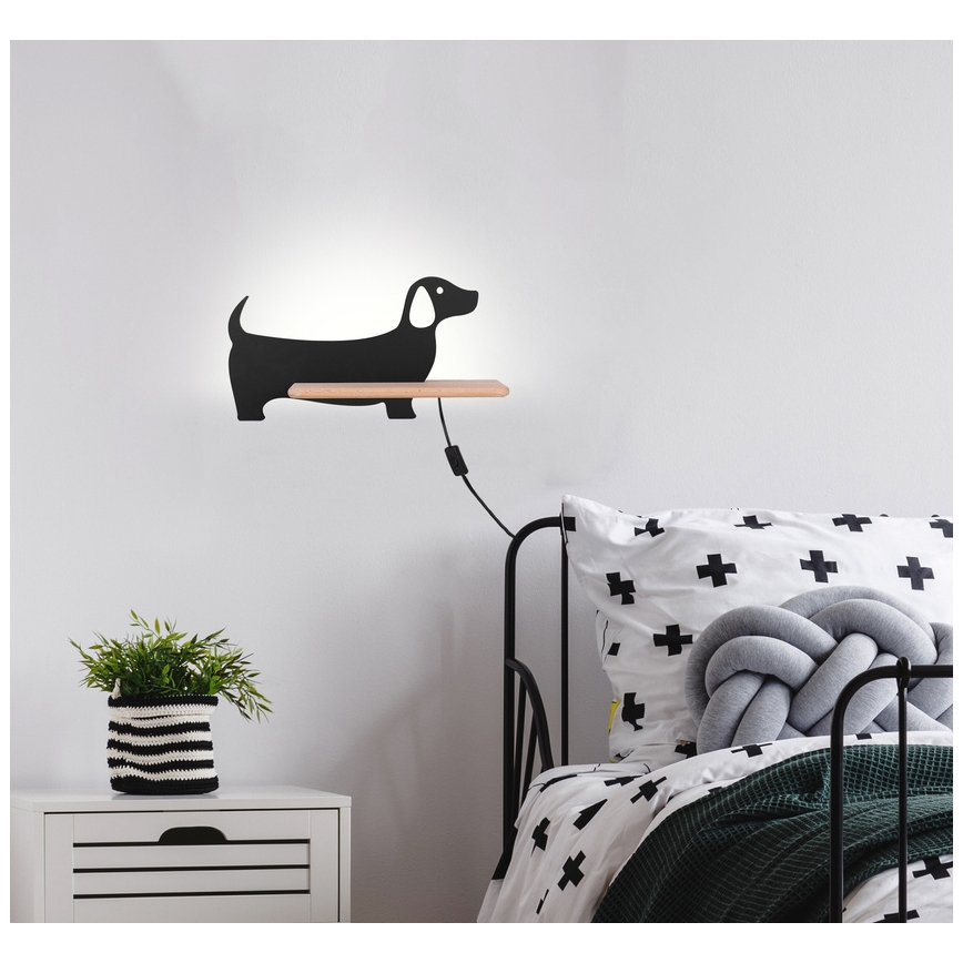 LED Kinderwandlamp met plank DOG LED/5W/230V zwart/hout,