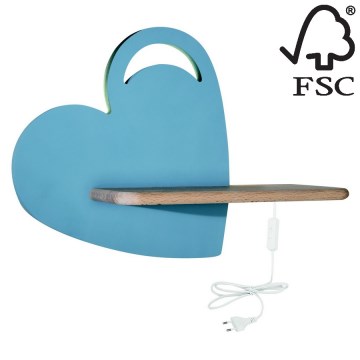 LED Kinderwandlamp met plank HEART LED/5W/230V blauw/hout