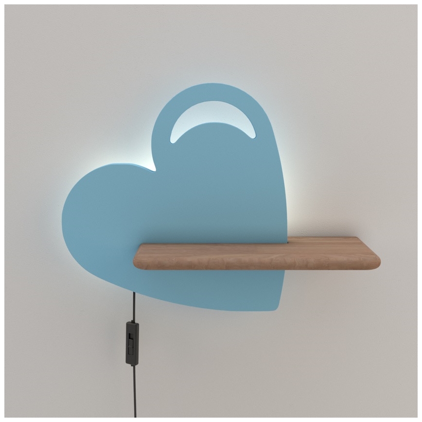 LED Kinderwandlamp met plank HEART LED/5W/230V blauw/hout