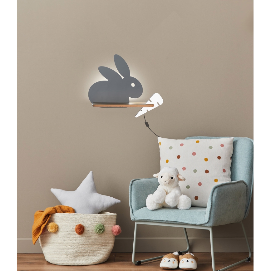 LED Kinderwandlamp met plank RABBIT LED/4W/230V grijs/wit/hout,