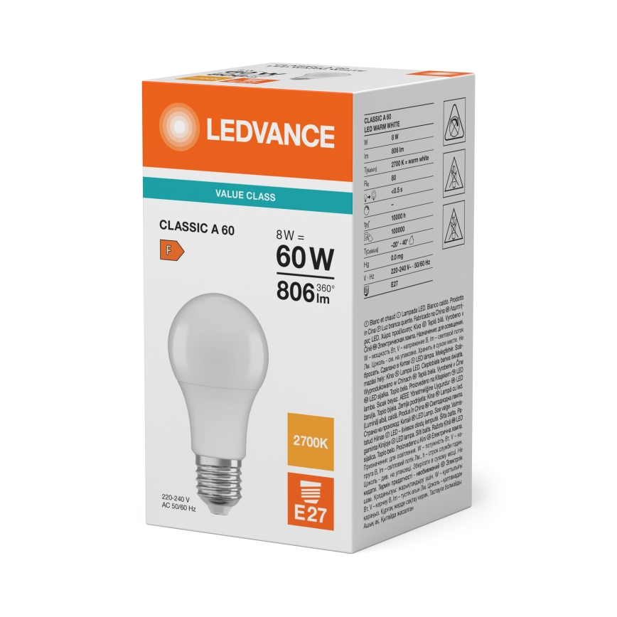 LED-lamp CLASSIC A60 E27/8W/230V 2700K - Ledvance