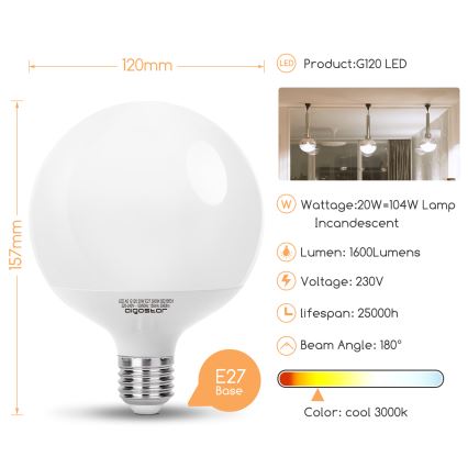 LED-lamp G120 E27/20W/230V 3000K - Aigostar