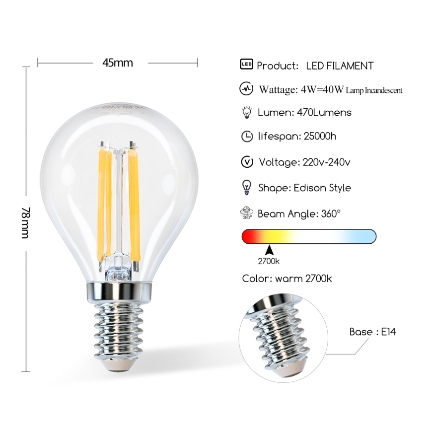 LED Lamp G45 E14/4W/230V 2700K - Aigostar
