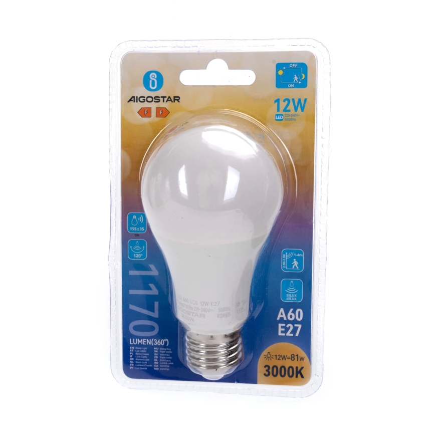 LED-lamp met bewegings- en schemersensor A60 E27/12W/230V 3000K - Aigostar