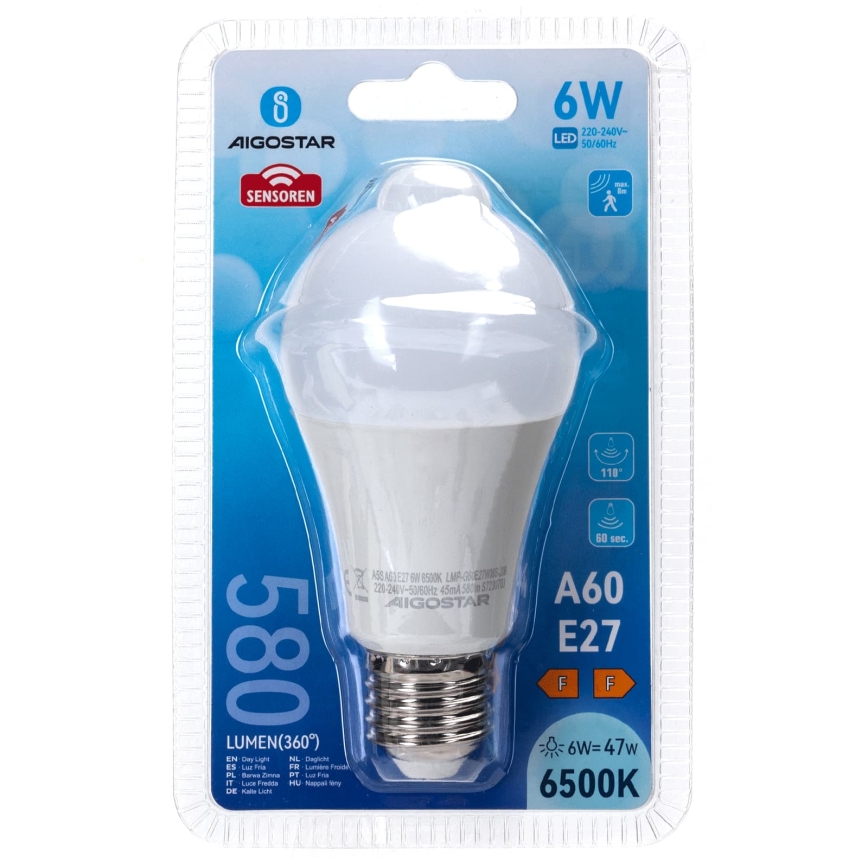 LED-lamp met bewegings- en schemersensor A60 E27/6W/230V 6500K - Aigostar