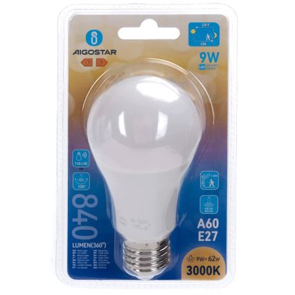 LED-lamp met bewegings- en schemersensor A60 E27/9W/230V 3000K - Aigostar