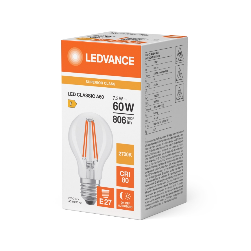 LED-lamp met schemersensor CLASSIC FILAMENT A60 E27/7,3W/230V 2700K - Osram