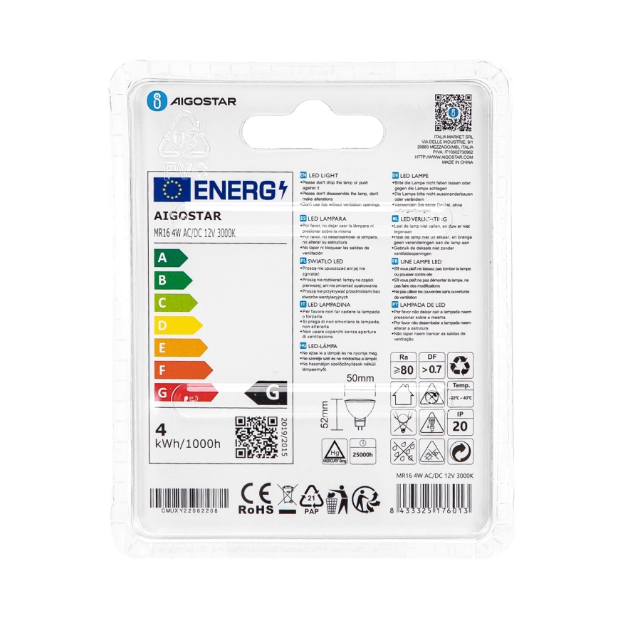 LED Lamp MR16 GU5,3/4W/12V 3000K - Aigostar