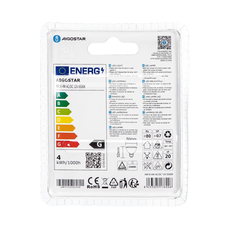 LED Lamp MR16 GU5,3/4W/12V 6500K - Aigostar