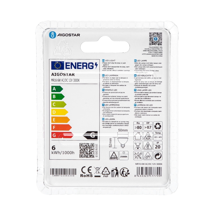 LED Lamp MR16 GU5,3/6W/12V 3000K - Aigostar