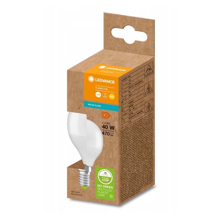 LED-lamp van gerecycled plastic P45 E14/4,9W/230V 2700K - Ledvance