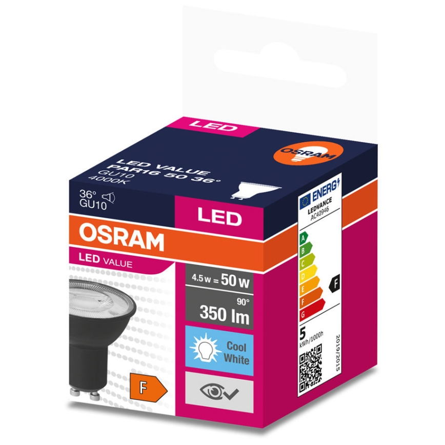 LED Lamp VALUE PAR16 GU10/4,5W/230V 6500K 36° zwart - Ledvance