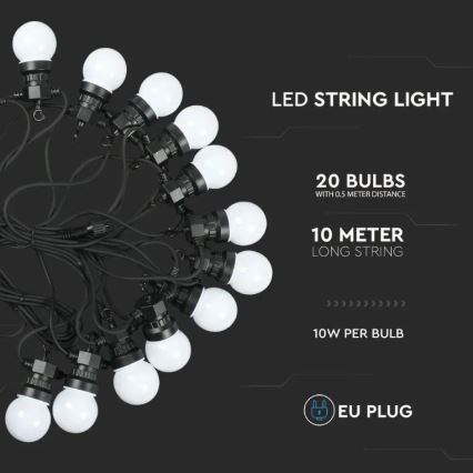 LED Lichtketting voor Buiten STRING 10m 20xLED/0,5W/230V IP44 6000K